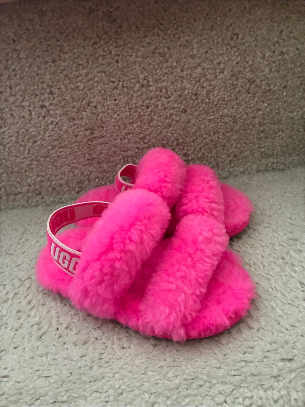UGG Hot Pink Fluff Slides with Logo Strap